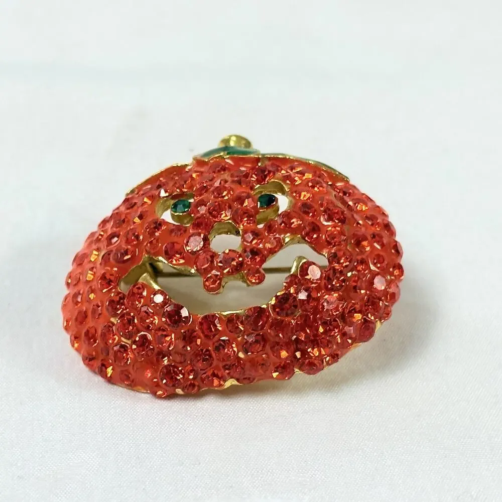 Halloween Fall Pumpkin Jack-o-lantern Rhinestone Enamel Pin 1.5”